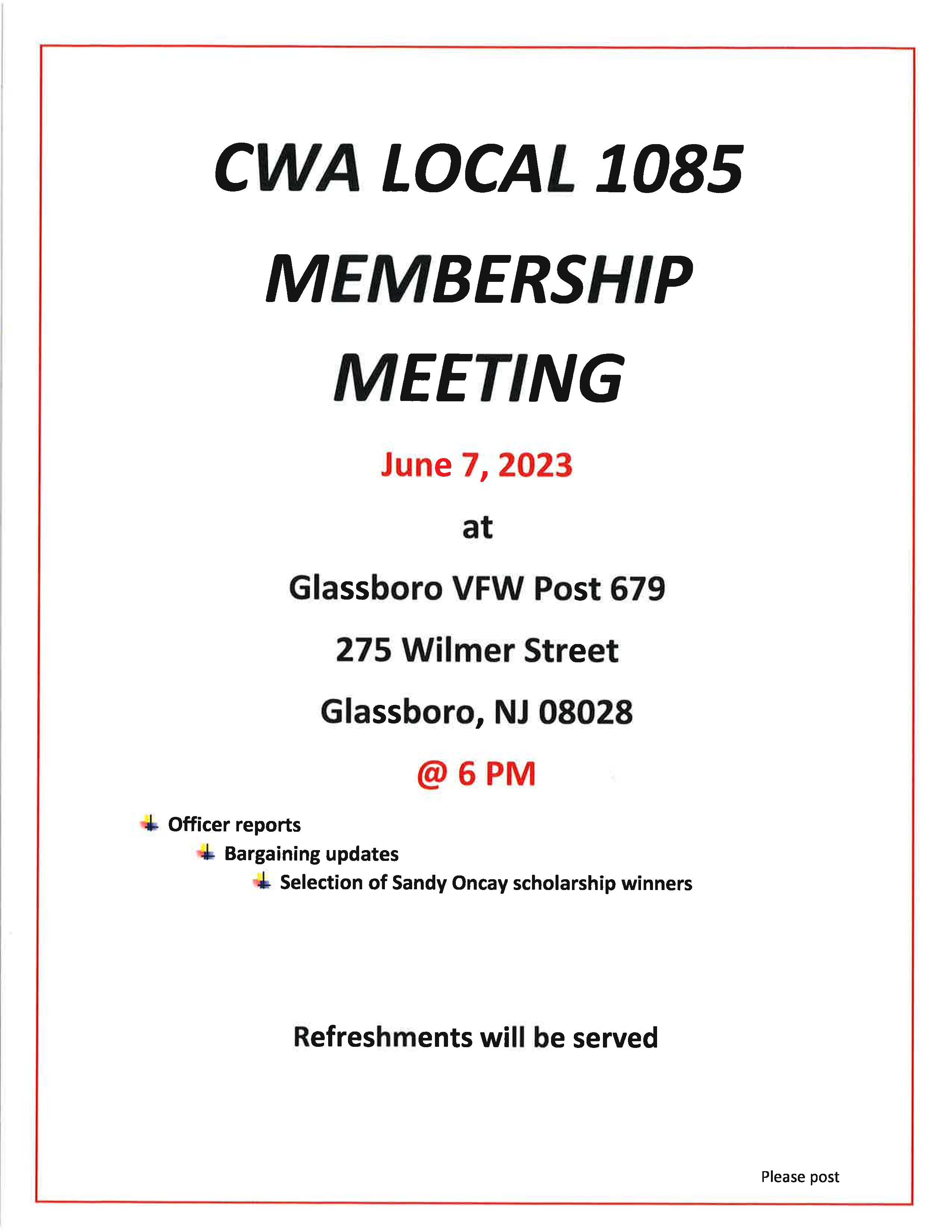 CWA Local 1085 June Meeting Flyer