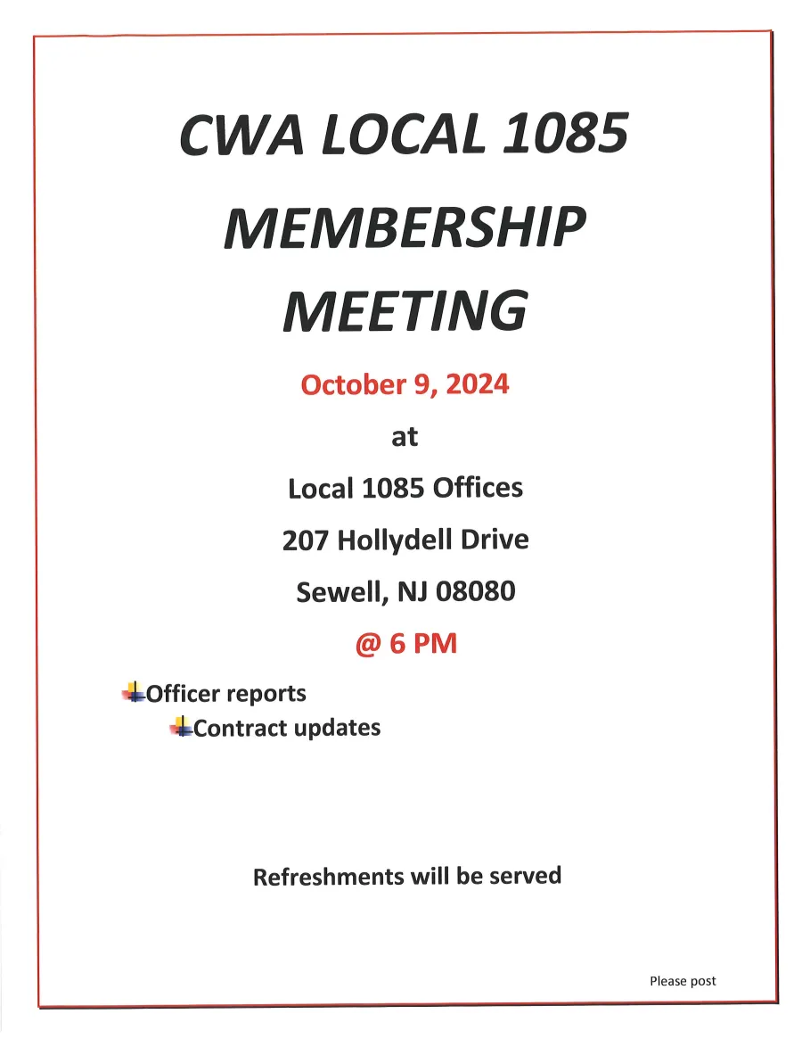 CWA Local 1085 October 2024 Membership Meeting Flyer