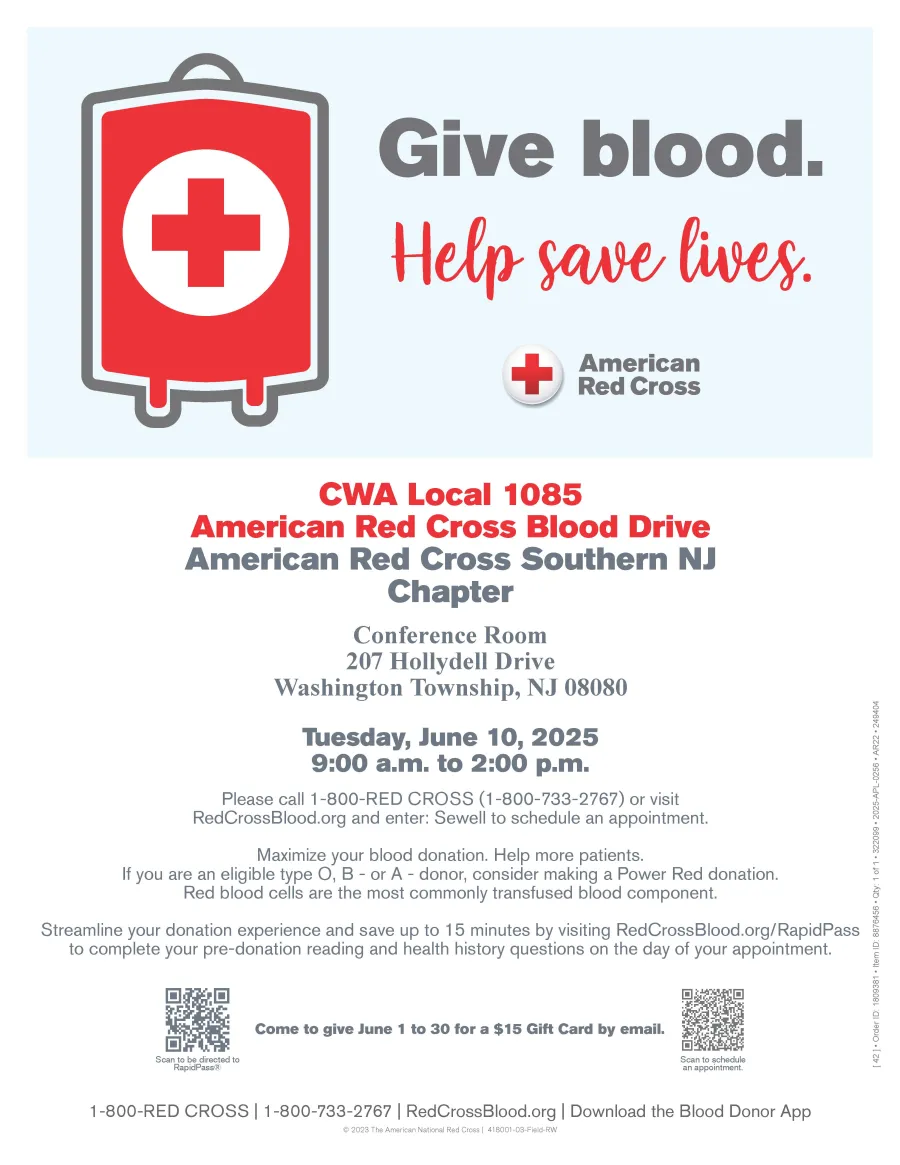 CWA Local 1085 & American Red Cross Blood Drive Flyer