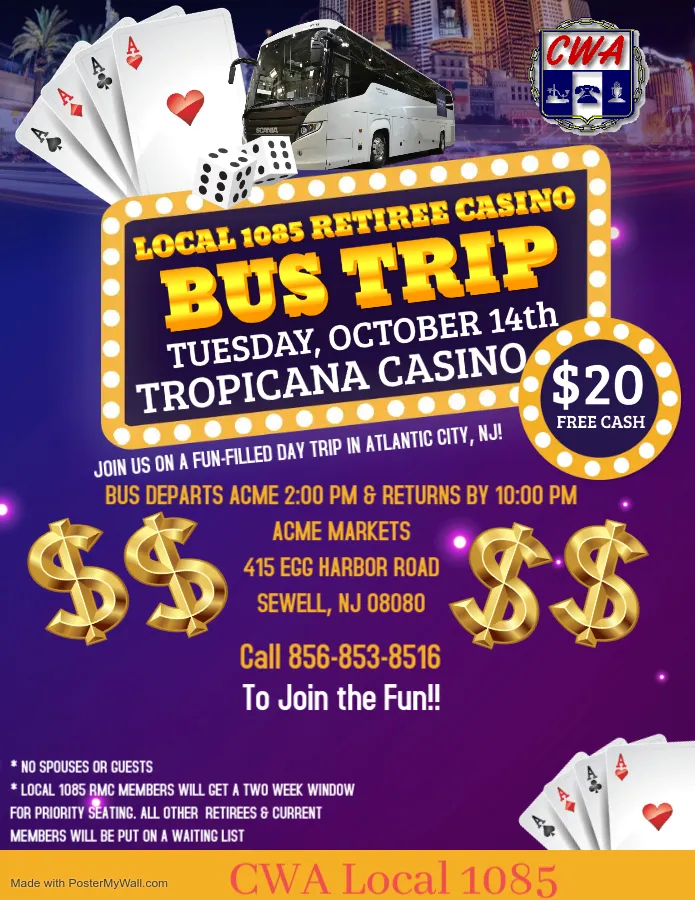 CWA Local 1085 Retiree Casino Bus Trip Flyer 2025