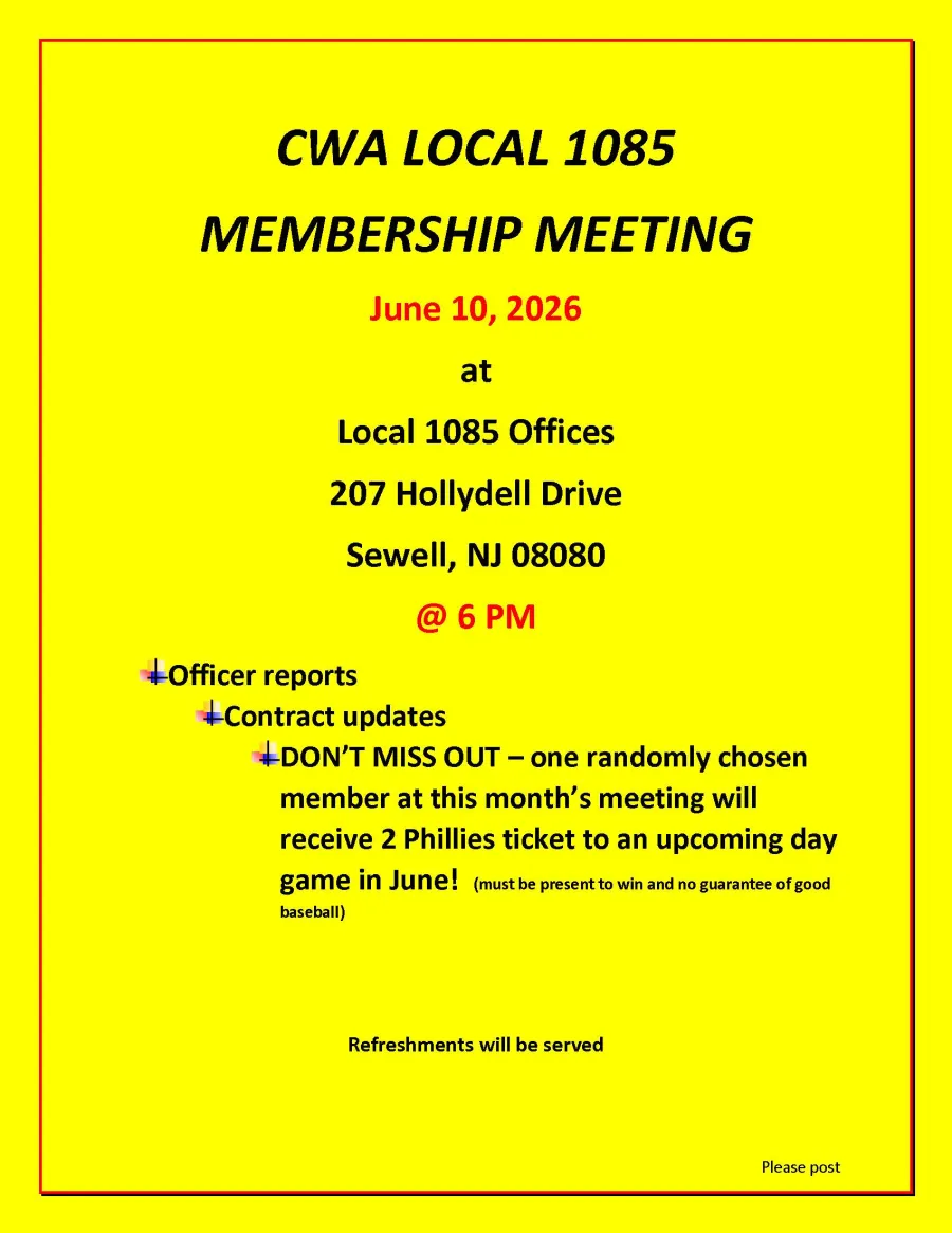 CWA 1085 Membership meeting Flyer for June 2026