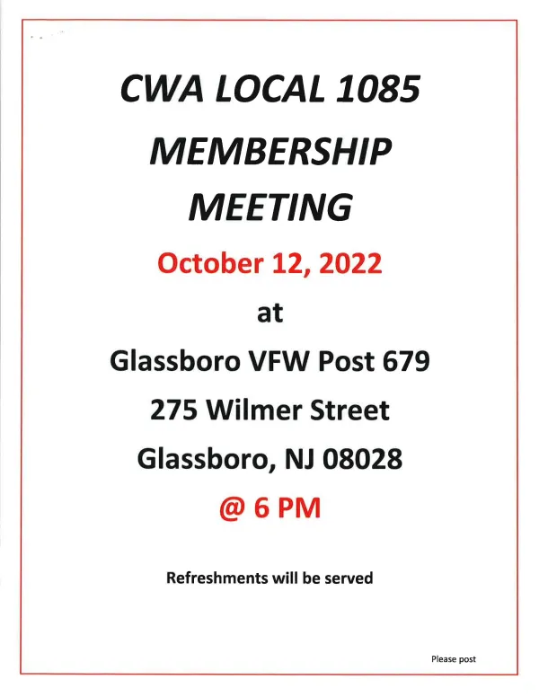 CWA Local 1085 Membership Meeting Flyer