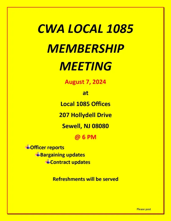 CWA Local 1085 August Membership Meeting Flyer 2024