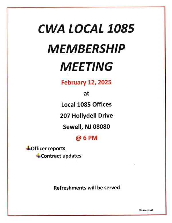 CWA Local 1085 Members Meeting Flyer