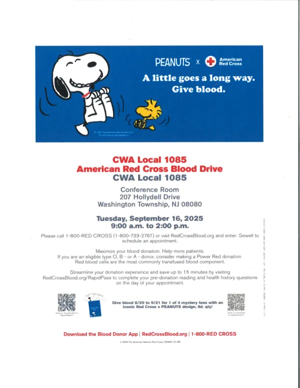 CWA Local 1085 & American Red Cross Blood Drive Flyer