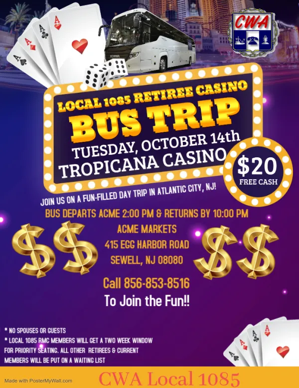 CWA Local 1085 Retiree Casino Bus Trip Flyer 2025