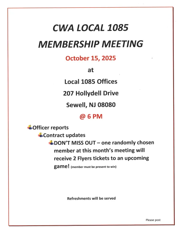 CWA Local 1085 October 2025 Membership Meeting Flyer