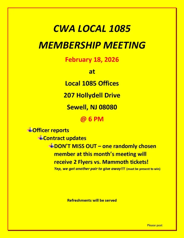 CWA Local 1085 February Membership Meeting Flyer