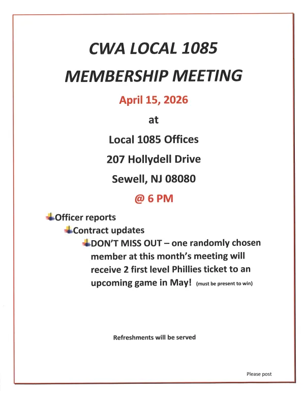 CWA Local 1085 April 2026 membership meeting flyer