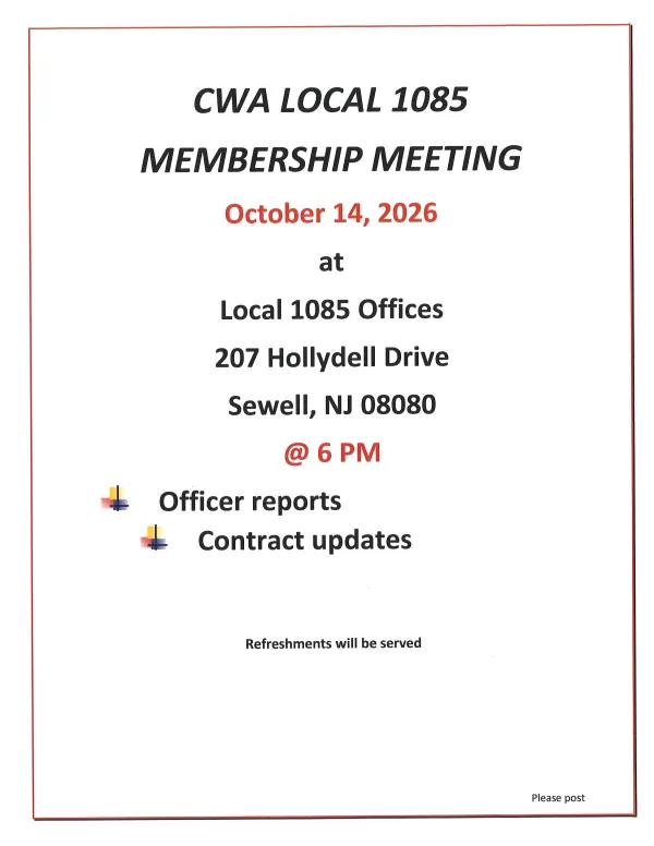 CWA 1085 Membership Meeting October 14th @ 6:00 pm
